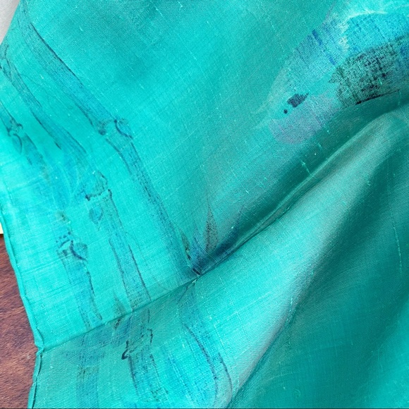 Green Blue Thai Silk Scarf 35” Floral Bird Bamboo - Picture 5 of 12